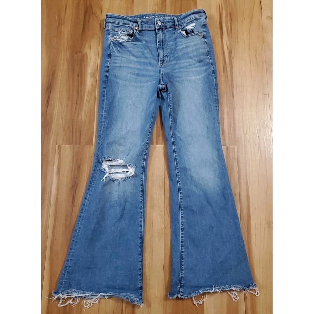 American Eagle Super High Rise Flare Women Size 12 Distressed Raw Hem